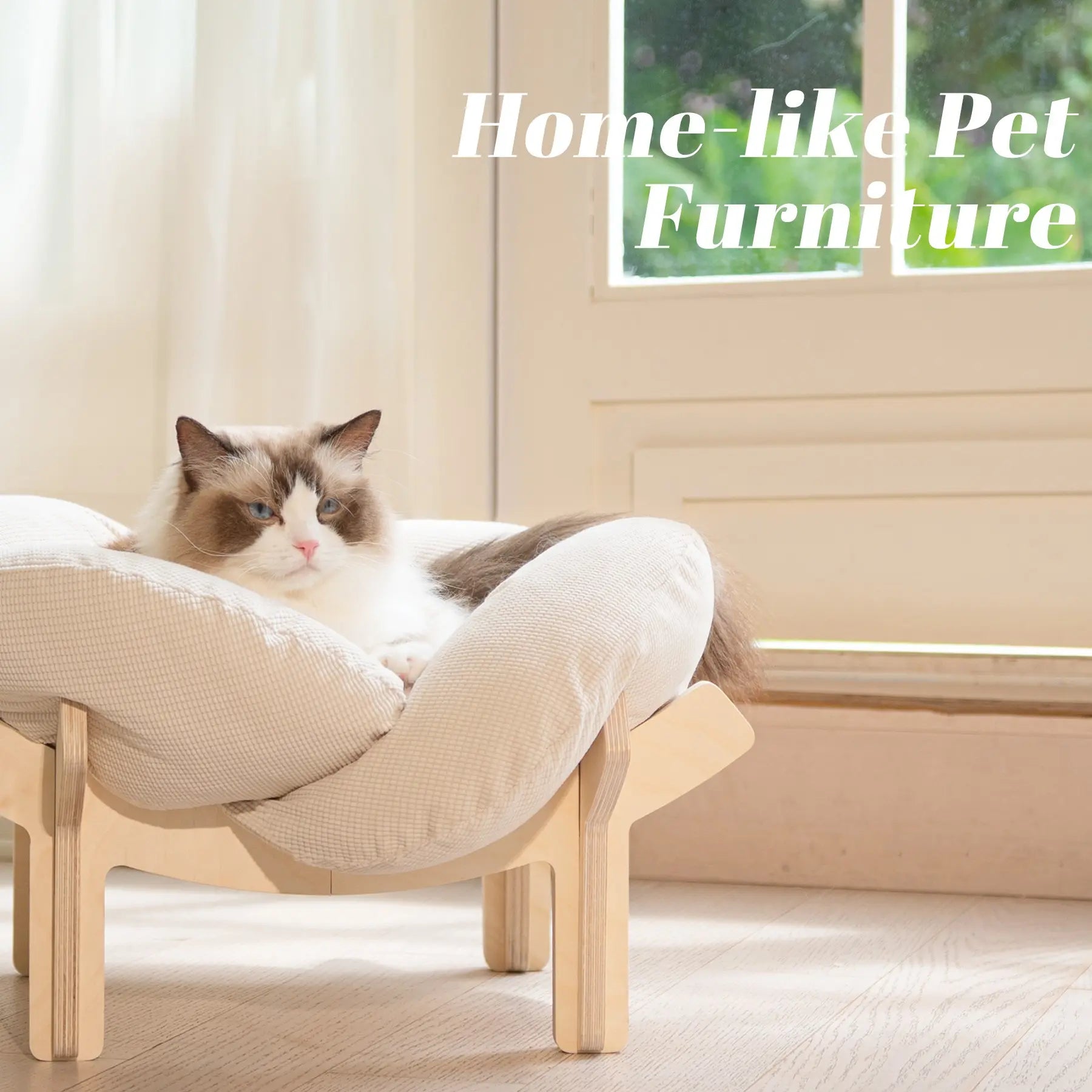 Elevated Flower Cat Bed,Wooden with Cushion, Fluffy Pet Couch Sofa for Indoor Cats and Dogs,Raised Kitty Lounge Chair,Suitable for Puppy, Cat Furniture(Large)
