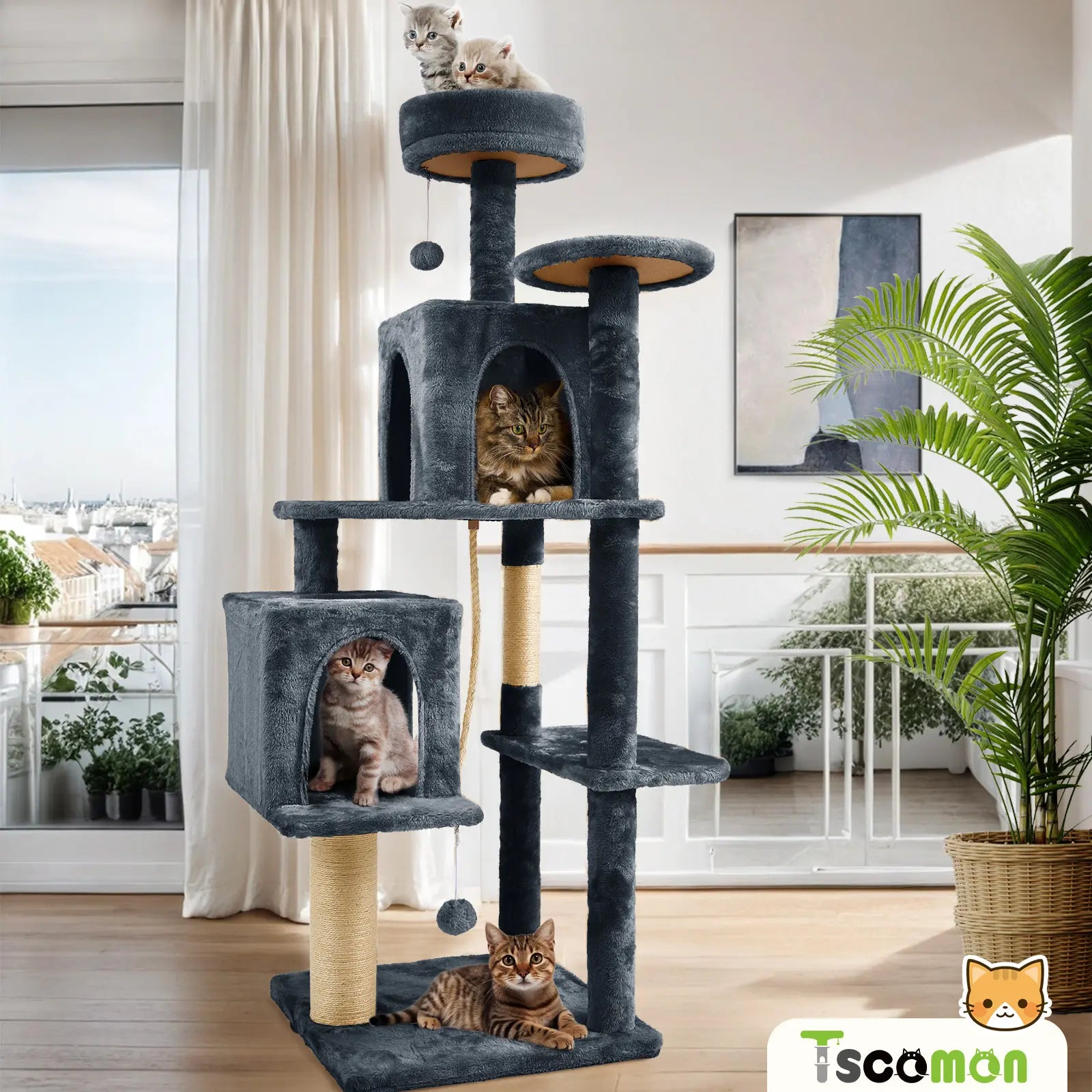 [Backtoschool] Wecharmer Cat Tree / Tower for Indoor with Green Leaves, Cat Condo Cozy Plush House, Pet House with Cat Scratching Posts
