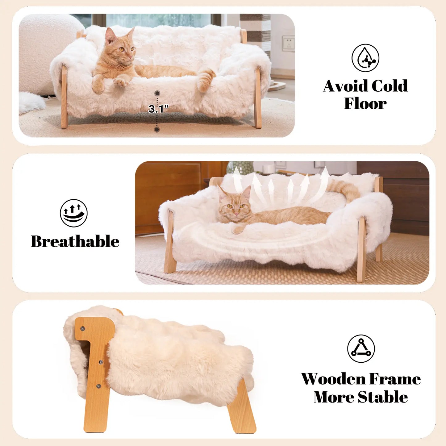 Elevated Pet Couch Bed, Solid Wood Sofa for Cat and Small Dog , Removable Washable Fluffy Cover Raised, Kitty Lounge Chair Suitable for Puppy for Indoor