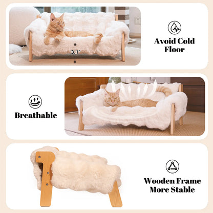 Elevated Pet Couch Bed, Solid Wood Sofa for Cat and Small Dog , Removable Washable Fluffy Cover Raised, Kitty Lounge Chair Suitable for Puppy for Indoor