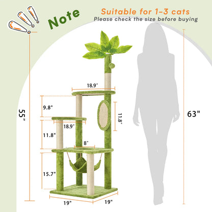 [Backtoschool] Wecharmer Cat Tree / Tower for Indoor with Green Leaves, Cat Condo Cozy Plush House, Pet House with Cat Scratching Posts