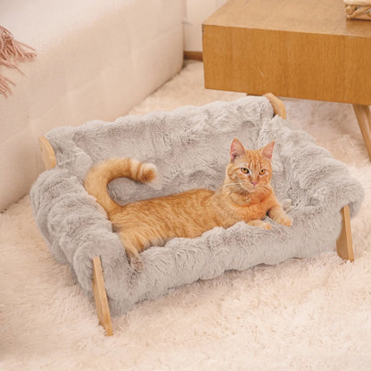 Elevated Pet Couch Bed, Solid Wood Sofa for Cat and Small Dog , Removable Washable Fluffy Cover Raised, Kitty Lounge Chair Suitable for Puppy for Indoor