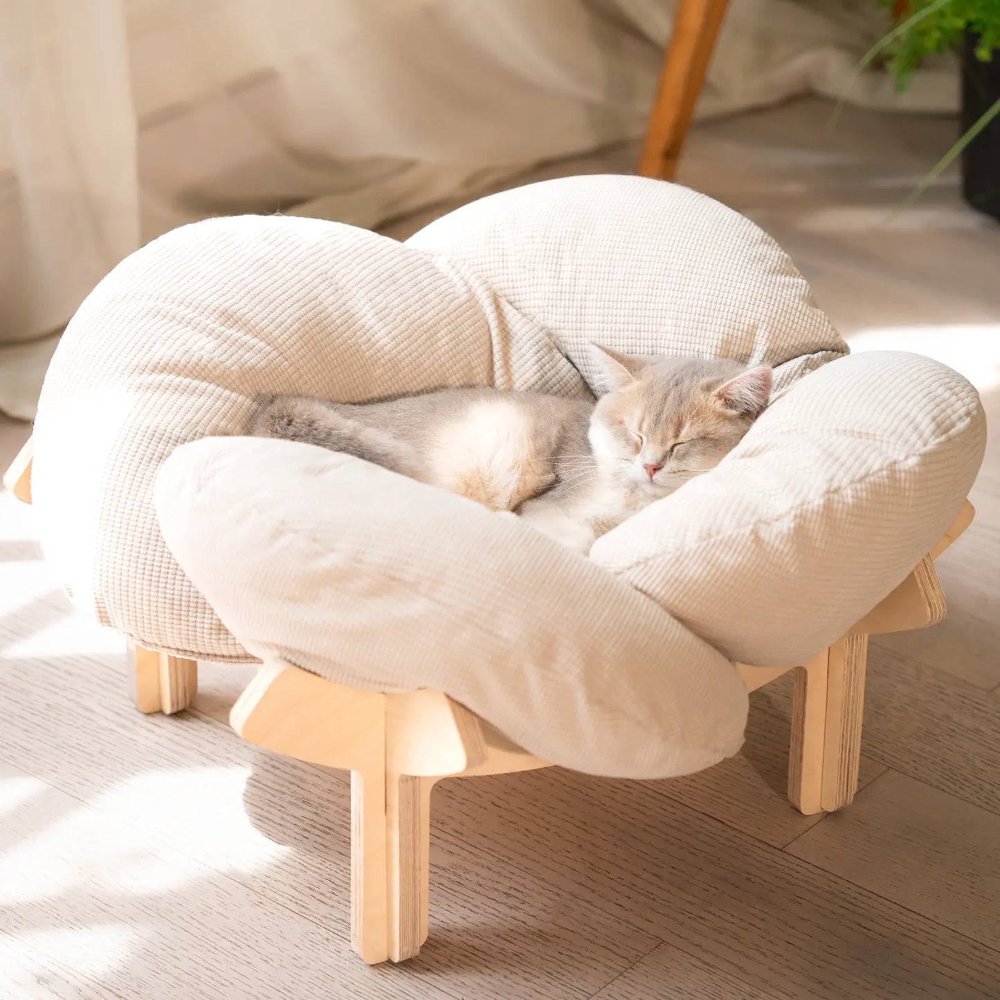 Elevated Flower Cat Bed,Wooden with Cushion, Fluffy Pet Couch Sofa for Indoor Cats and Dogs,Raised Kitty Lounge Chair,Suitable for Puppy, Cat Furniture(Large)
