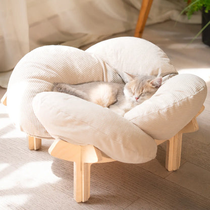 Elevated Flower Cat Bed,Wooden with Cushion, Fluffy Pet Couch Sofa for Indoor Cats and Dogs,Raised Kitty Lounge Chair,Suitable for Puppy, Cat Furniture(Large)