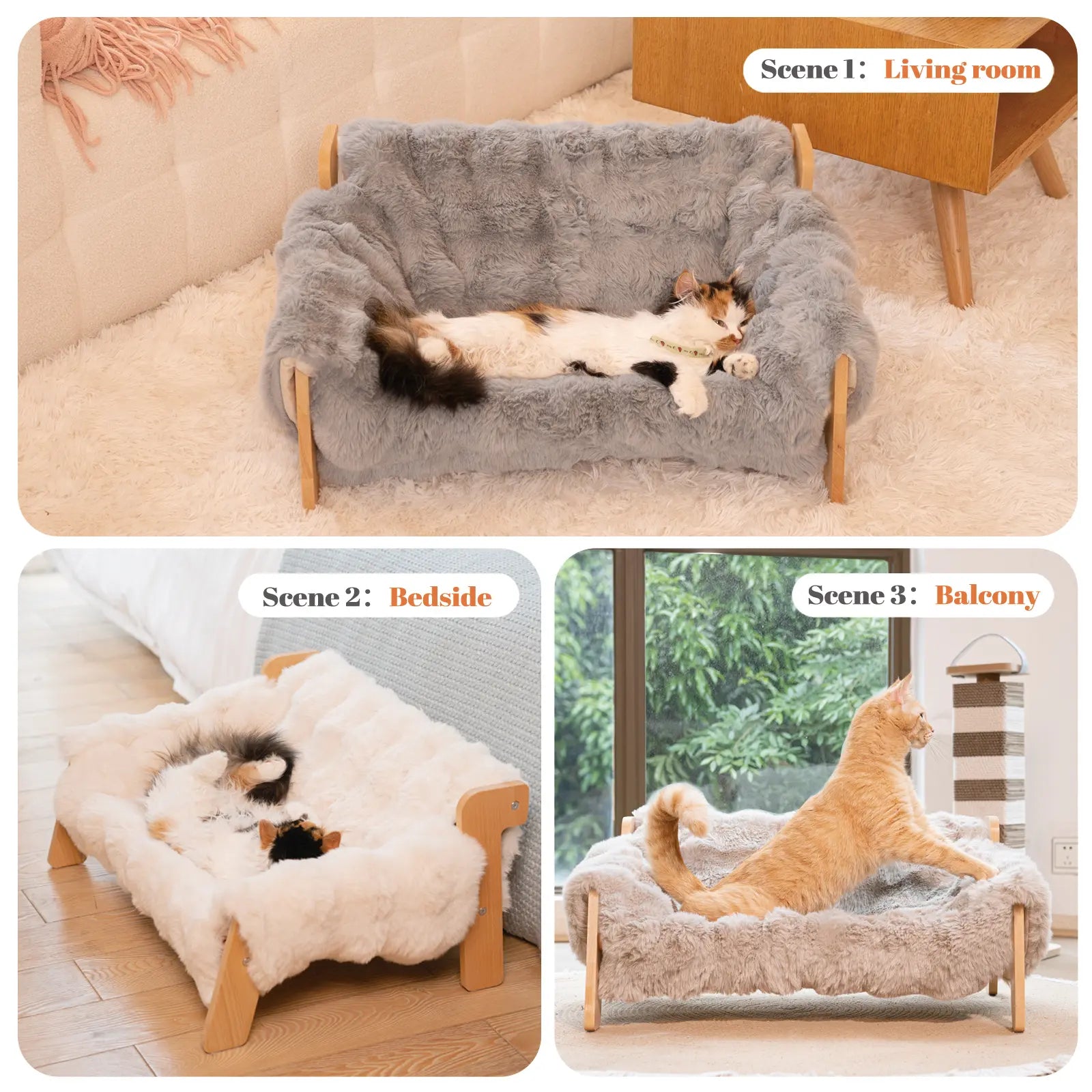 Elevated Pet Couch Bed, Solid Wood Sofa for Cat and Small Dog , Removable Washable Fluffy Cover Raised, Kitty Lounge Chair Suitable for Puppy for Indoor