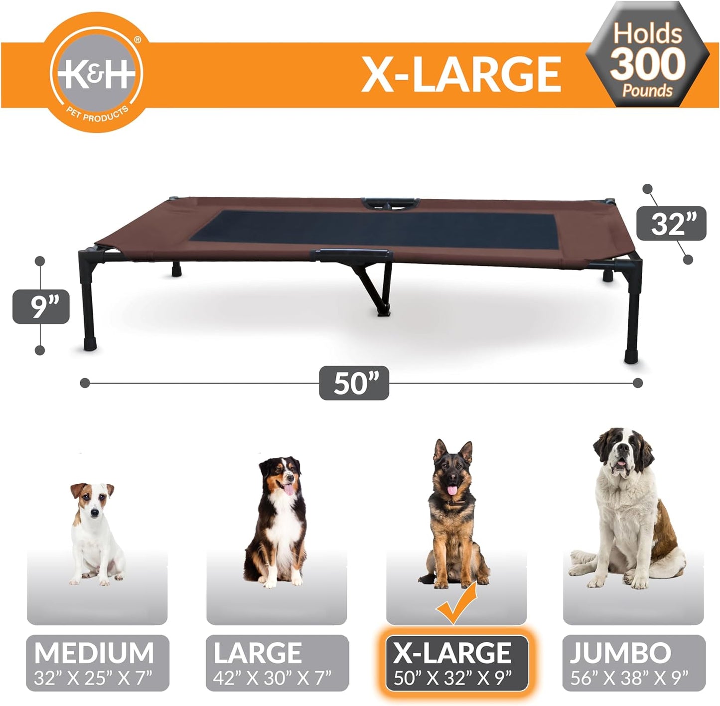 K&H Outdoor Elevated Dog Bed, Cooling Raised Dog Bed, Chocolate, XL 50X32In