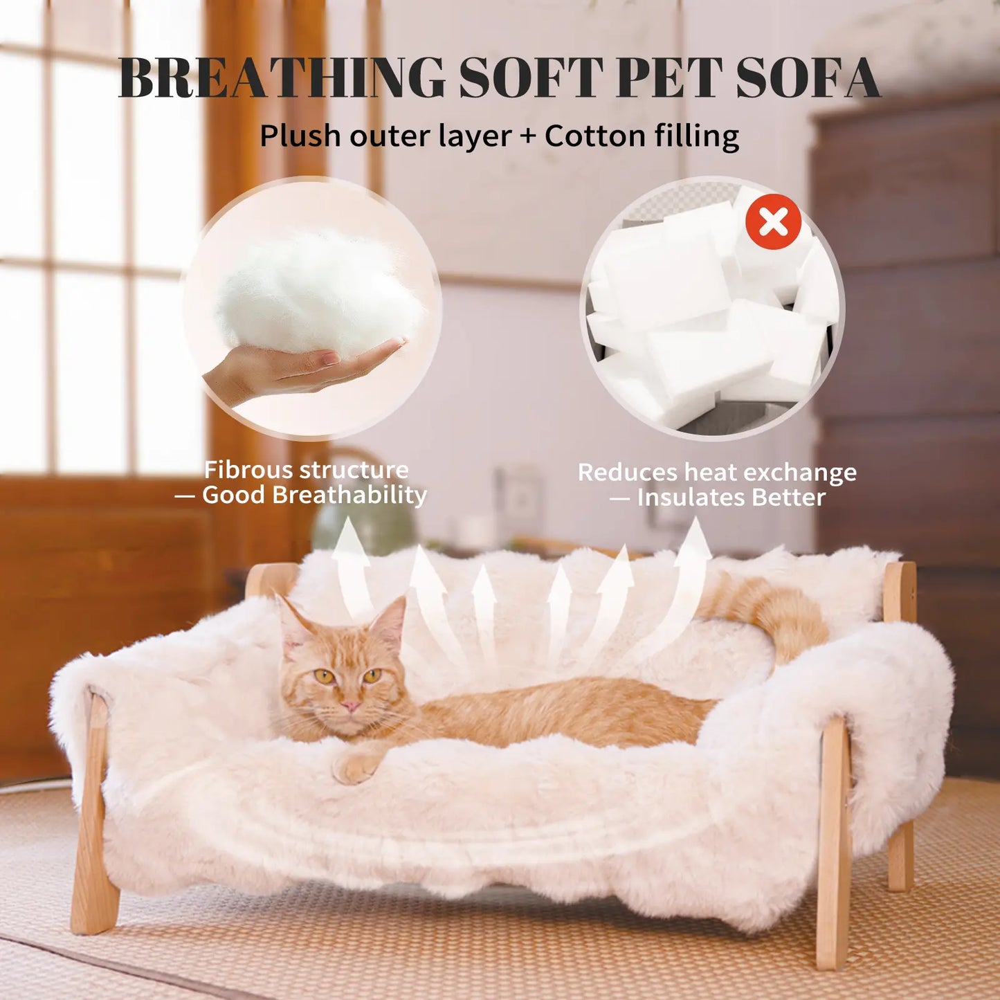 Elevated Pet Couch Bed, Solid Wood Sofa for Cat and Small Dog , Removable Washable Fluffy Cover Raised, Kitty Lounge Chair Suitable for Puppy for Indoor