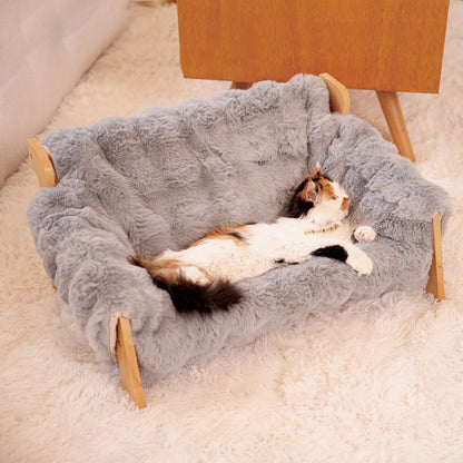 Elevated Pet Couch Bed, Solid Wood Sofa for Cat and Small Dog , Removable Washable Fluffy Cover Raised, Kitty Lounge Chair Suitable for Puppy for Indoor