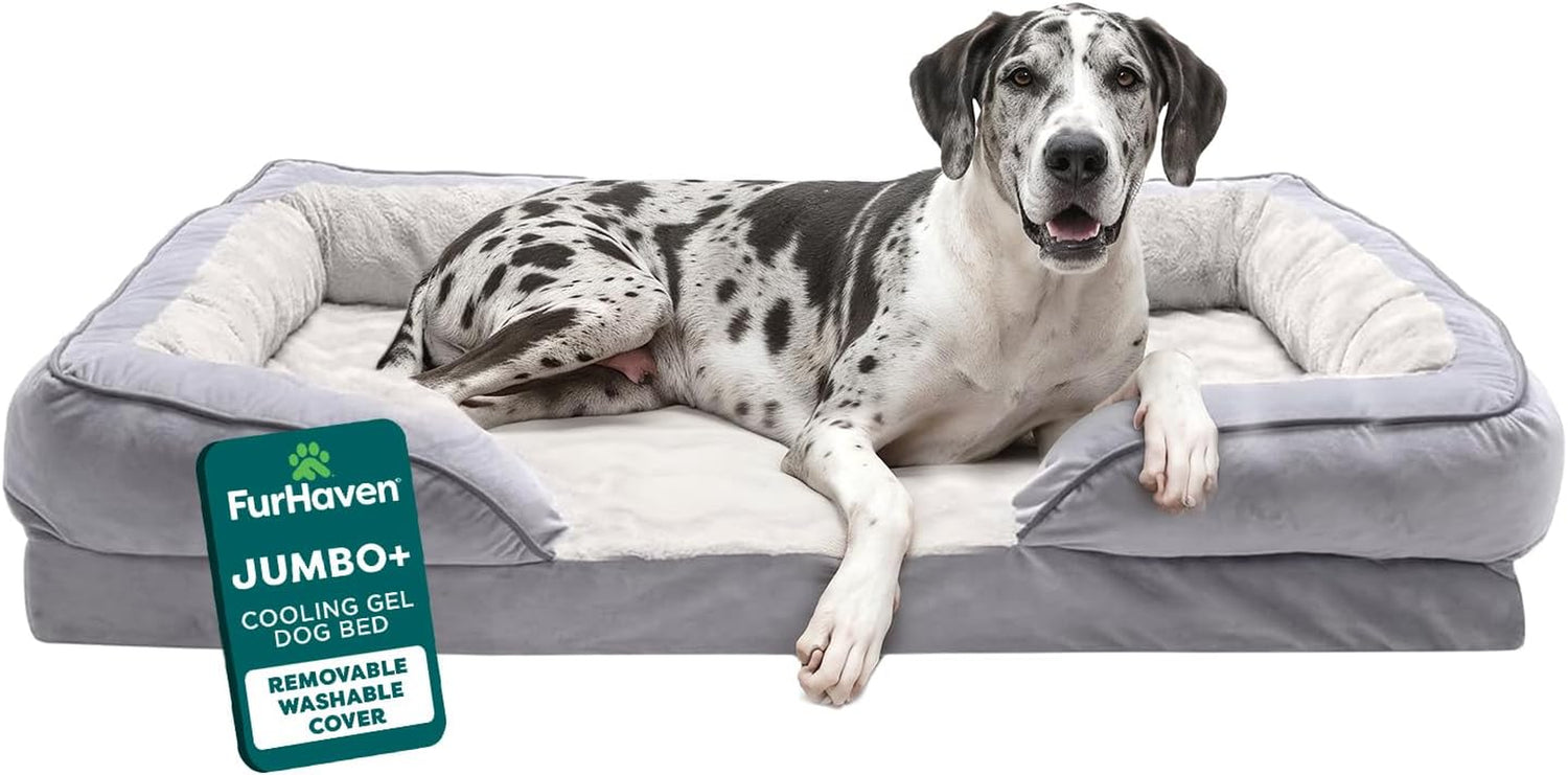 Cooling Gel Dog Bed for Large Dogs, Perfect Comfort Sofa Bed with Cool Gel-Top Foam with a Solid Orthopedic Foam Base, Removable Washable Cover, Jumbo plus XXL, Plush & Velvet, Granite Gray.