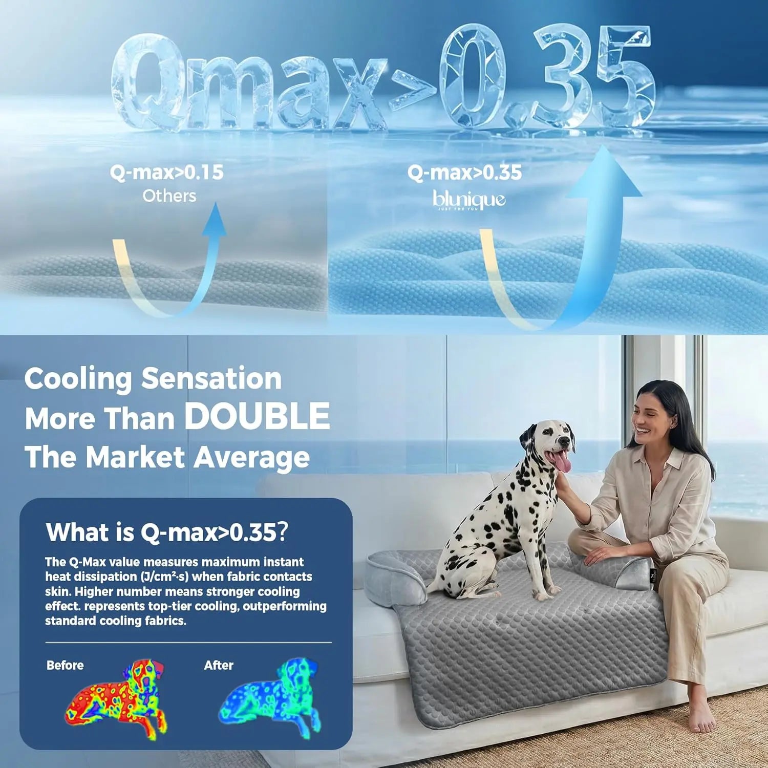 Blunique Cooling Dog Couch Bed with Bolster Sides - Q-Max >0.35, Waterproof Fabric, Non-Slip Base, Easy Cleaning, Cooling Surface, Supportive Rest, Puppy Bed for Home & Camping Use