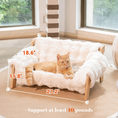 Elevated Pet Couch Bed, Solid Wood Sofa for Cat and Small Dog , Removable Washable Fluffy Cover Raised, Kitty Lounge Chair Suitable for Puppy for Indoor