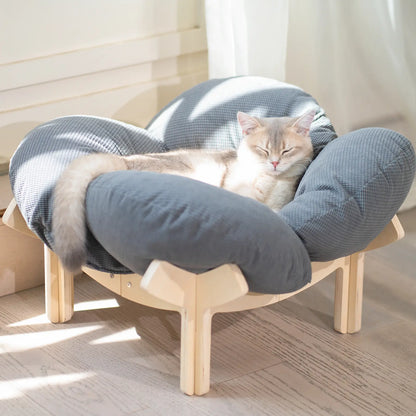 Elevated Flower Cat Bed,Wooden with Cushion, Fluffy Pet Couch Sofa for Indoor Cats and Dogs,Raised Kitty Lounge Chair,Suitable for Puppy, Cat Furniture(Large)