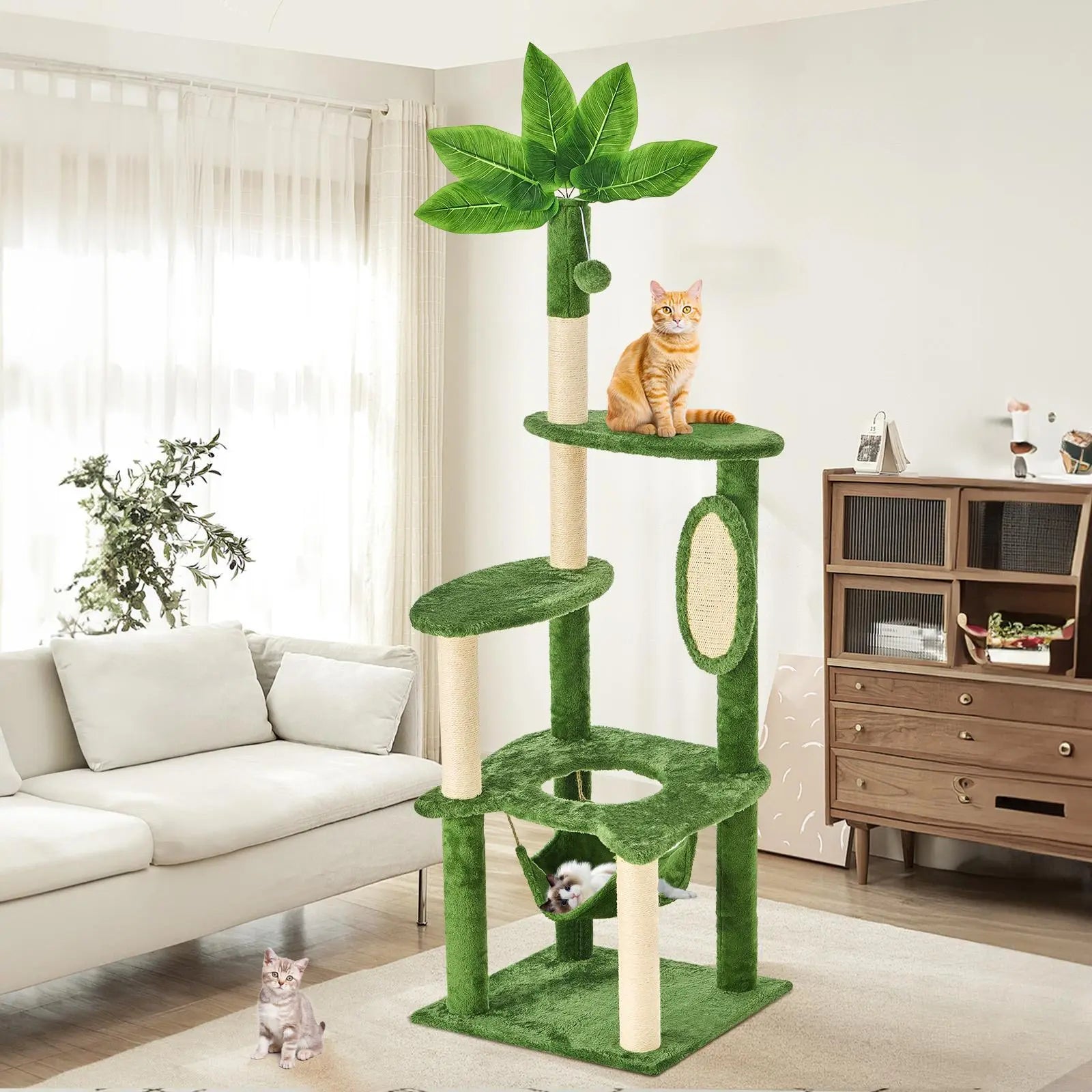 [Backtoschool] Wecharmer Cat Tree / Tower for Indoor with Green Leaves, Cat Condo Cozy Plush House, Pet House with Cat Scratching Posts