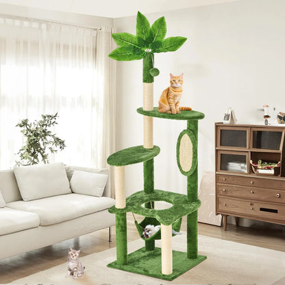 [Backtoschool] Wecharmer Cat Tree / Tower for Indoor with Green Leaves, Cat Condo Cozy Plush House, Pet House with Cat Scratching Posts