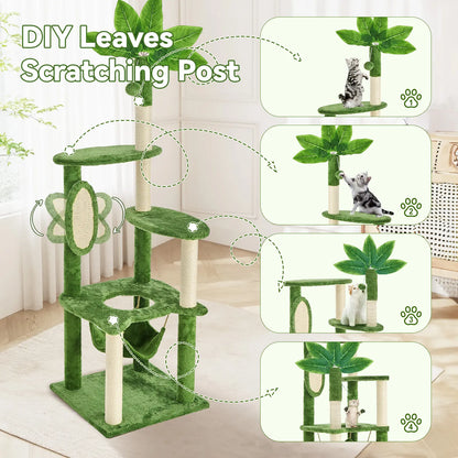 [Backtoschool] Wecharmer Cat Tree / Tower for Indoor with Green Leaves, Cat Condo Cozy Plush House, Pet House with Cat Scratching Posts