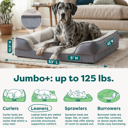 Cooling Gel Dog Bed for Large Dogs, Perfect Comfort Sofa Bed with Cool Gel-Top Foam with a Solid Orthopedic Foam Base, Removable Washable Cover, Jumbo plus XXL, Plush & Velvet, Granite Gray.