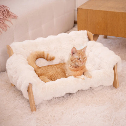 Elevated Pet Couch Bed, Solid Wood Sofa for Cat and Small Dog , Removable Washable Fluffy Cover Raised, Kitty Lounge Chair Suitable for Puppy for Indoor