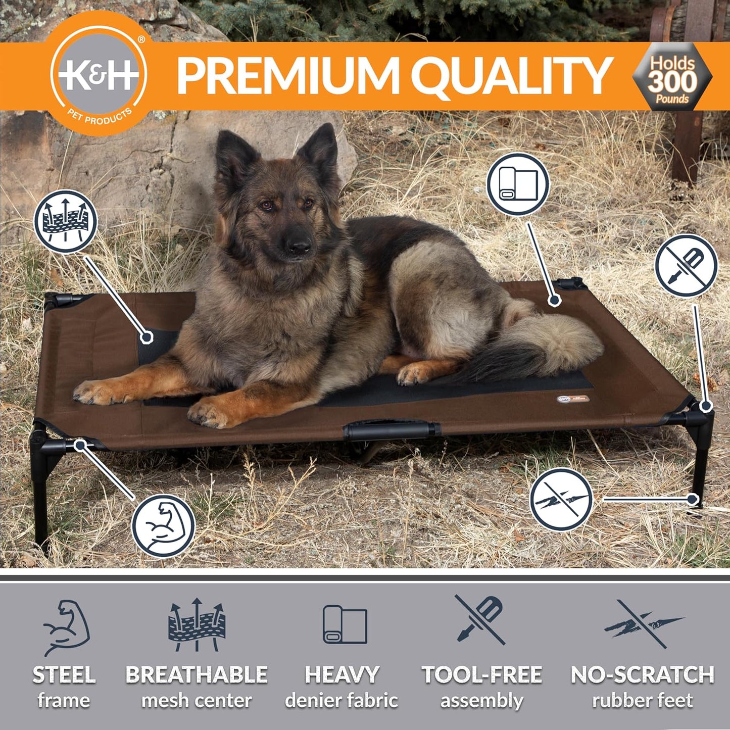 K&H Outdoor Elevated Dog Bed, Cooling Raised Dog Bed, Chocolate, XL 50X32In
