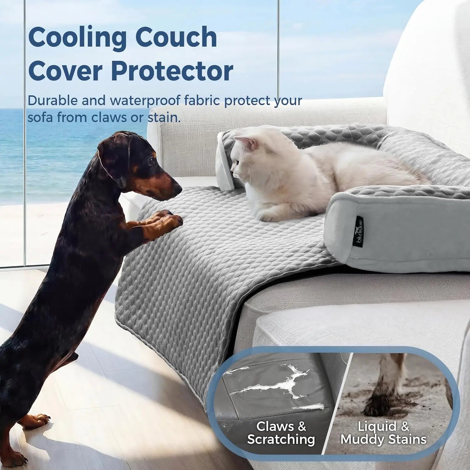Blunique Cooling Dog Couch Bed with Bolster Sides - Q-Max >0.35, Waterproof Fabric, Non-Slip Base, Easy Cleaning, Cooling Surface, Supportive Rest, Puppy Bed for Home & Camping Use