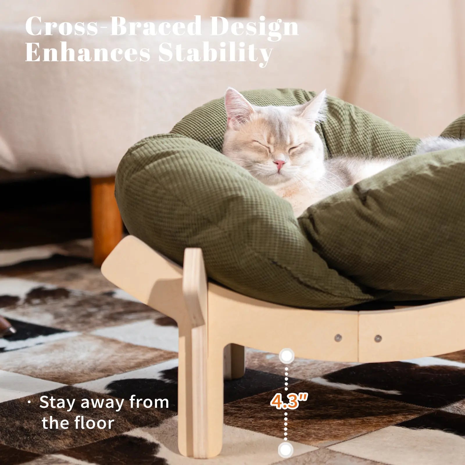 Elevated Flower Cat Bed,Wooden with Cushion, Fluffy Pet Couch Sofa for Indoor Cats and Dogs,Raised Kitty Lounge Chair,Suitable for Puppy, Cat Furniture(Large)