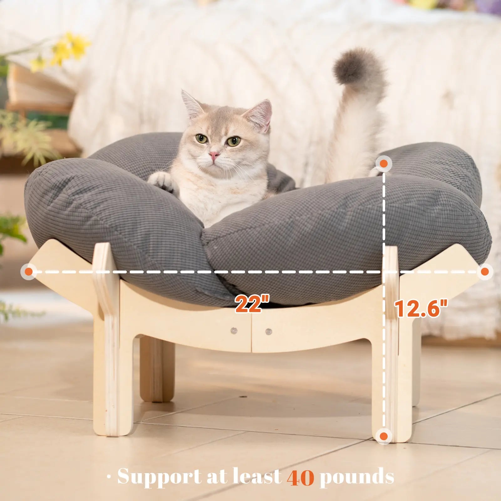 Elevated Flower Cat Bed,Wooden with Cushion, Fluffy Pet Couch Sofa for Indoor Cats and Dogs,Raised Kitty Lounge Chair,Suitable for Puppy, Cat Furniture(Large)