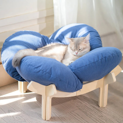 Elevated Flower Cat Bed,Wooden with Cushion, Fluffy Pet Couch Sofa for Indoor Cats and Dogs,Raised Kitty Lounge Chair,Suitable for Puppy, Cat Furniture(Large)