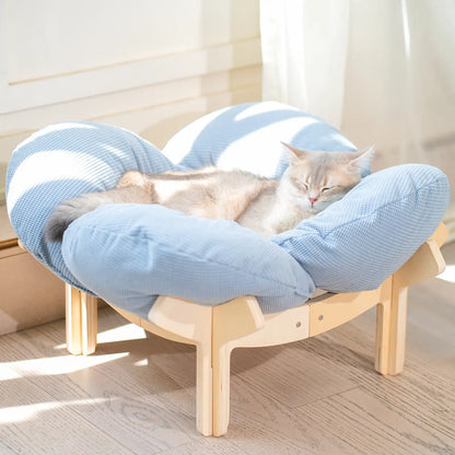 Elevated Flower Cat Bed,Wooden with Cushion, Fluffy Pet Couch Sofa for Indoor Cats and Dogs,Raised Kitty Lounge Chair,Suitable for Puppy, Cat Furniture(Large)