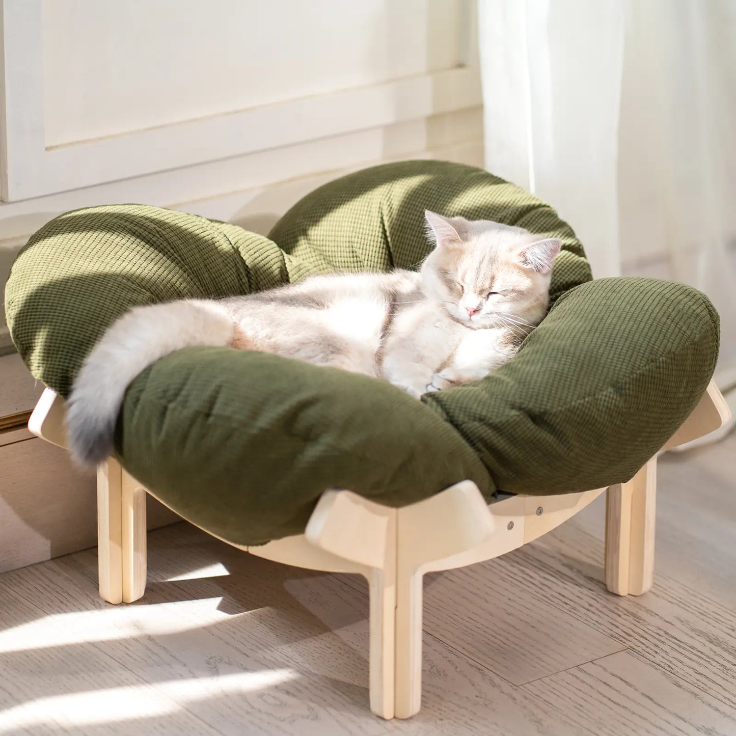 Elevated Flower Cat Bed,Wooden with Cushion, Fluffy Pet Couch Sofa for Indoor Cats and Dogs,Raised Kitty Lounge Chair,Suitable for Puppy, Cat Furniture(Large)