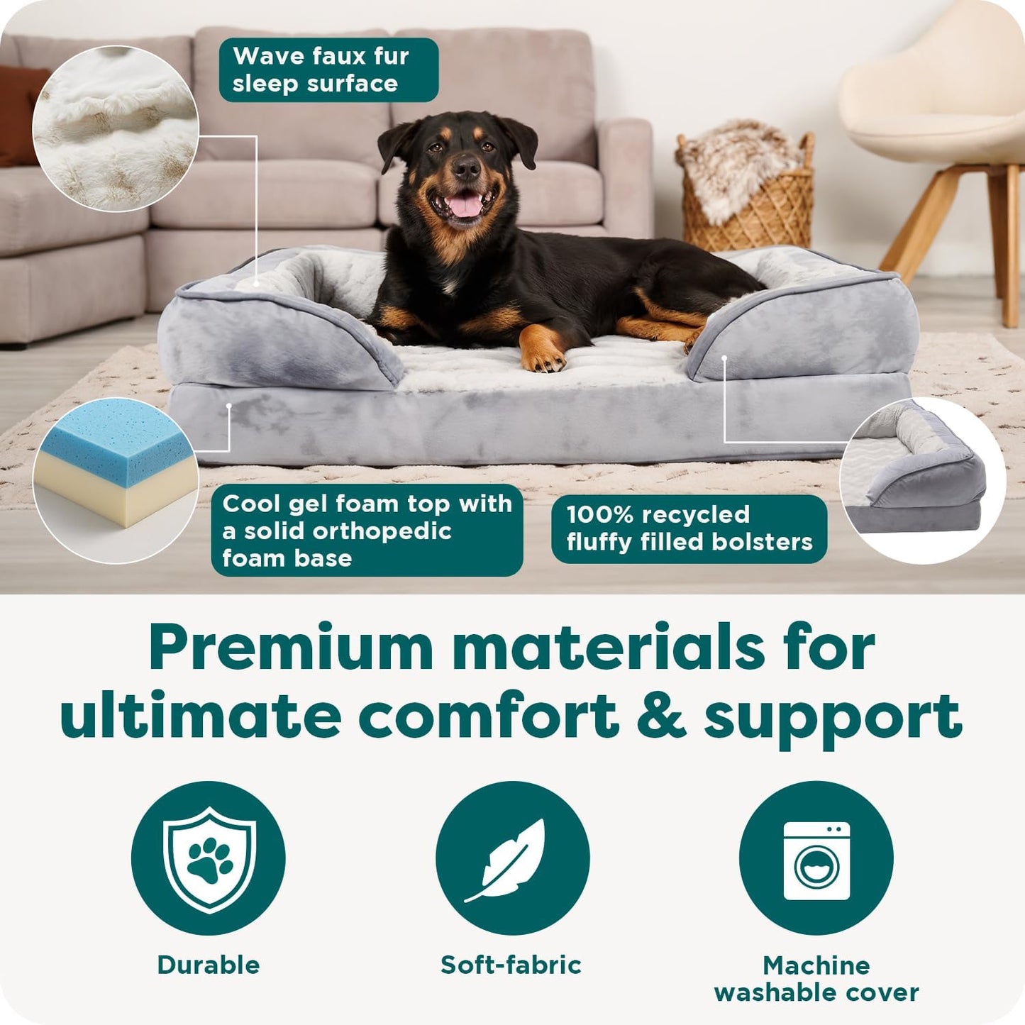 Cooling Gel Dog Bed for Large Dogs, Perfect Comfort Sofa Bed with Cool Gel-Top Foam with a Solid Orthopedic Foam Base, Removable Washable Cover, Jumbo plus XXL, Plush & Velvet, Granite Gray.