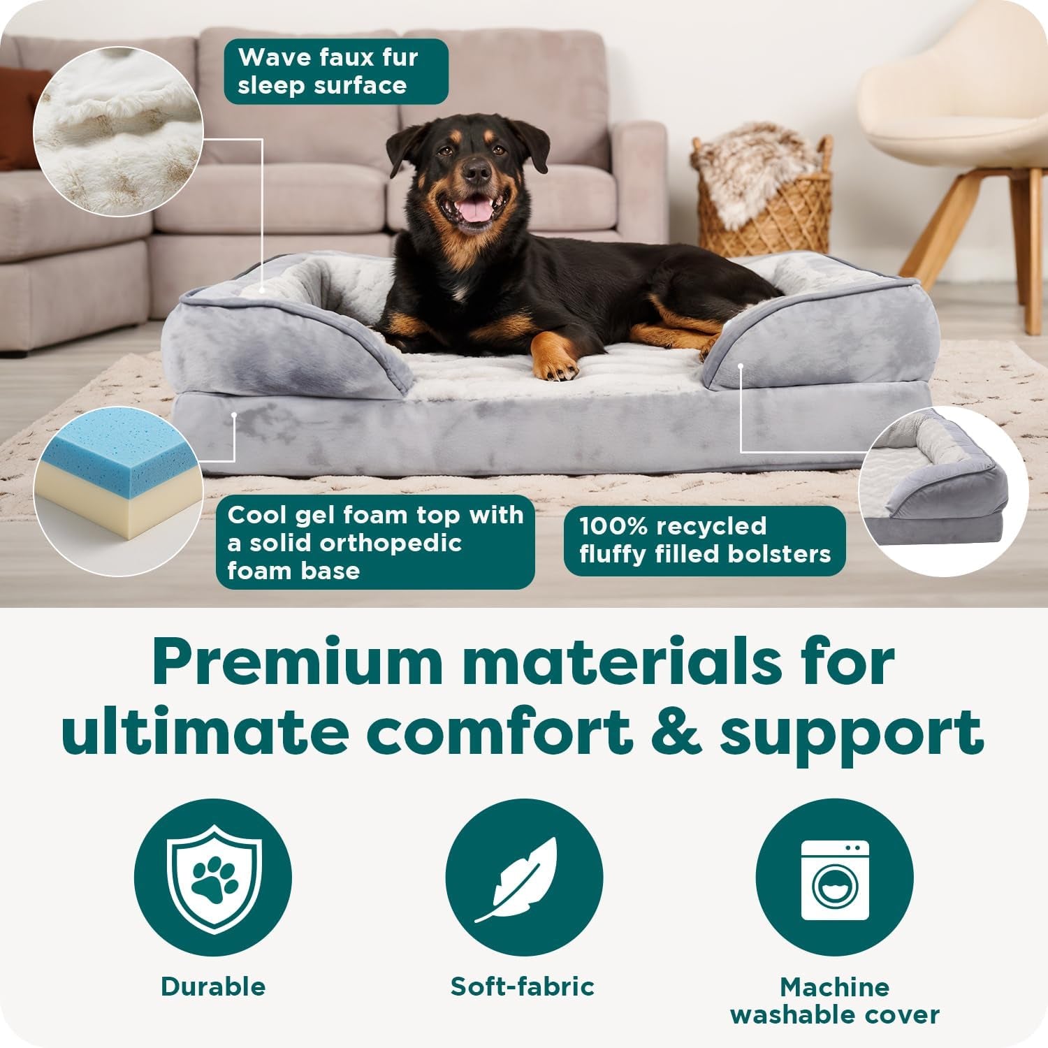 Cooling Gel Dog Bed for Large Dogs, Perfect Comfort Sofa Bed with Cool Gel-Top Foam with a Solid Orthopedic Foam Base, Removable Washable Cover, Jumbo plus XXL, Plush & Velvet, Granite Gray.
