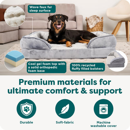 Cooling Gel Dog Bed for Large Dogs, Perfect Comfort Sofa Bed with Cool Gel-Top Foam with a Solid Orthopedic Foam Base, Removable Washable Cover, Jumbo plus XXL, Plush & Velvet, Granite Gray.