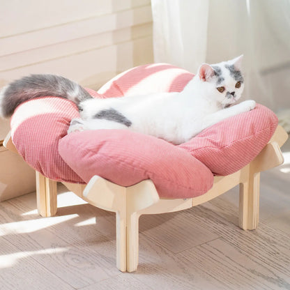 Elevated Flower Cat Bed,Wooden with Cushion, Fluffy Pet Couch Sofa for Indoor Cats and Dogs,Raised Kitty Lounge Chair,Suitable for Puppy, Cat Furniture(Large)