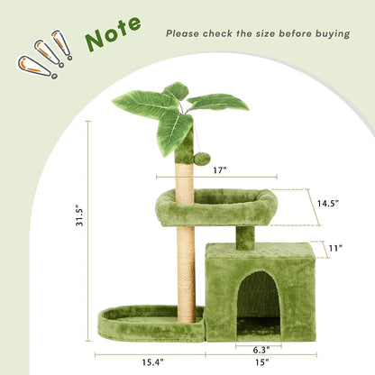 [Backtoschool] Wecharmer Cat Tree / Tower for Indoor with Green Leaves, Cat Condo Cozy Plush House, Pet House with Cat Scratching Posts
